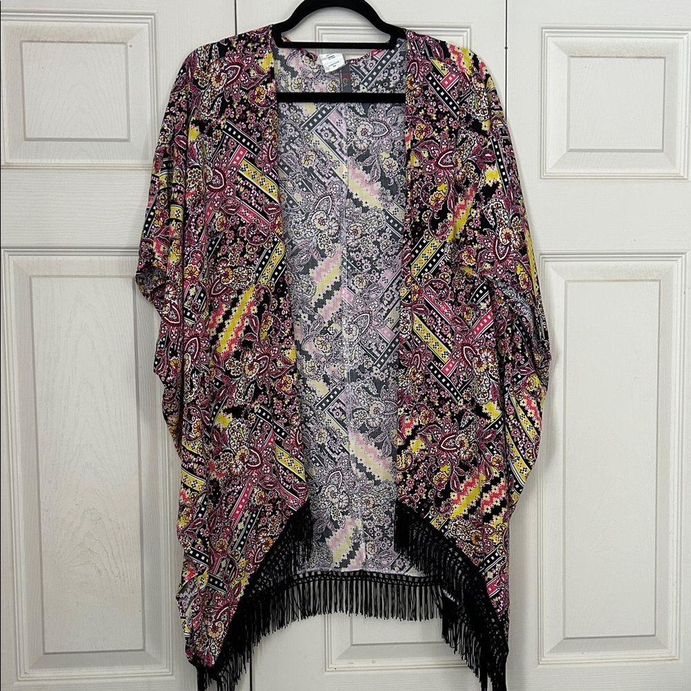 BCA By Rebecca Virtue Medium Black Pink Yellow Floral Kimono Fringe Cardigan